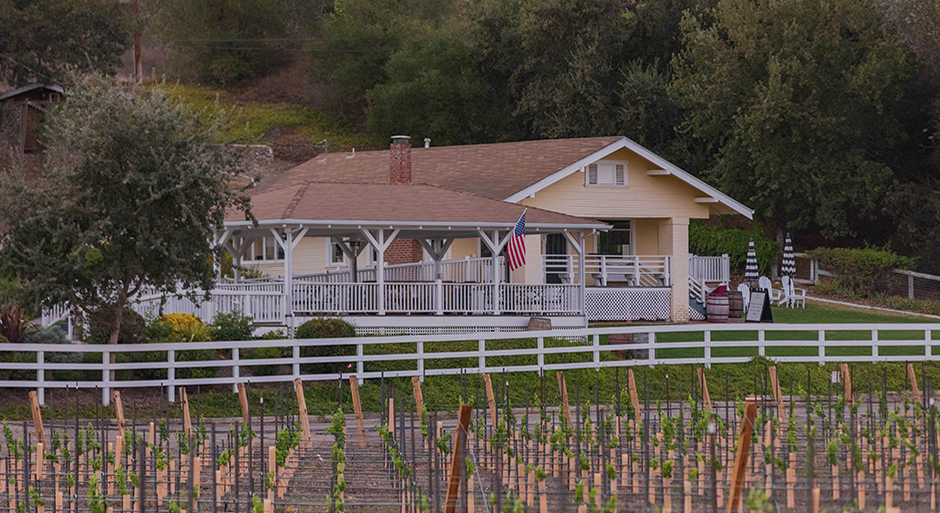 Lincourt Vineyards nestled under California pepper trees, with a view of the vineyards and a charming 1926 Sears Craftsman Kit Home serving as the tasting room and hospitality space.